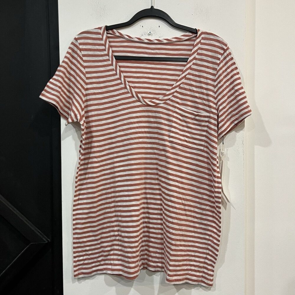 NWT Caslon Striped Rounded V Neck Pocket Tee Shirt Size Large